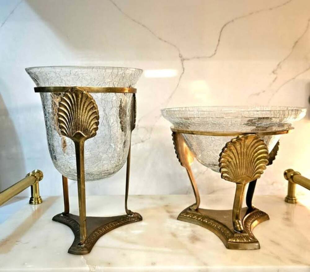 Vintage Hosley Brass and Crackle Glass Pedestal Bowls, Set of 2